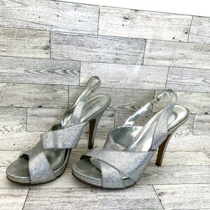 Nine West Women's Silver Glitter Open Toe Ankle Strap Formal Heel Shoe Size 7.5M